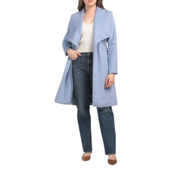 COLE HAAN Ice Blue Wool Blend Wrap Coat - Picture 1 of 2